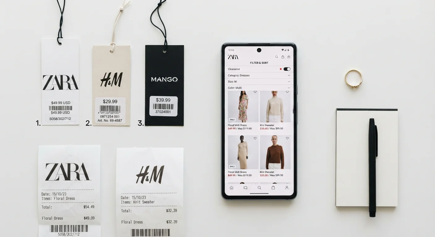 Brand clothing tags and receipts arranged next to a smartphone showing a clearance filter in a retail app.