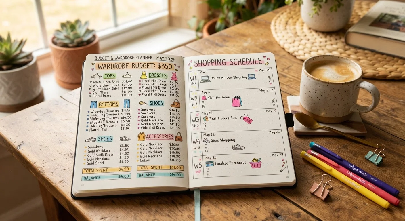 An open personal planner showing a seasonal clothing budget and shopping calendar with colorful markers.