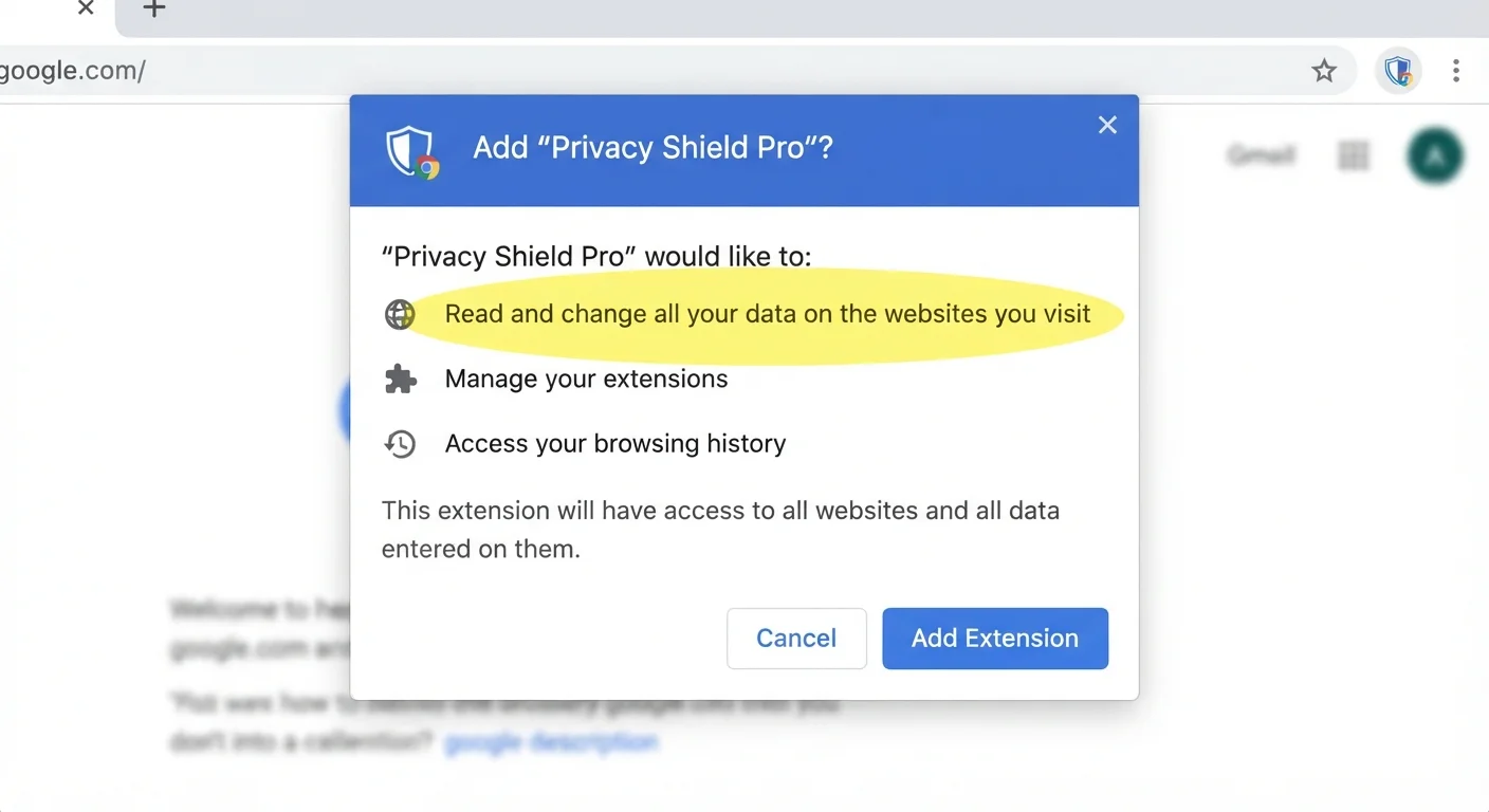 Browser extension permissions dialog highlighting broad data access request during installation