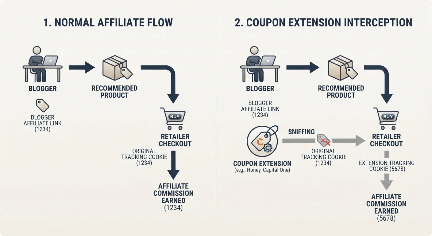 Diagram showing how a coupon extension intercepts and overwrites an affiliate tracking link at checkout