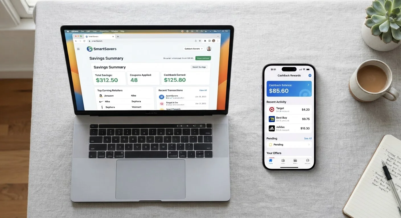 Smartphone displaying cashback app dashboard next to laptop showing browser extension savings interface