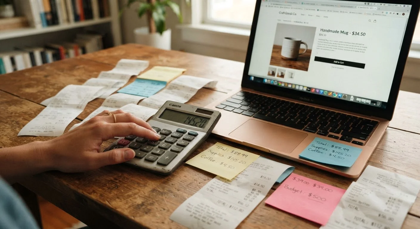 Person calculating true total device cost using a calculator beside a laptop with product listing open