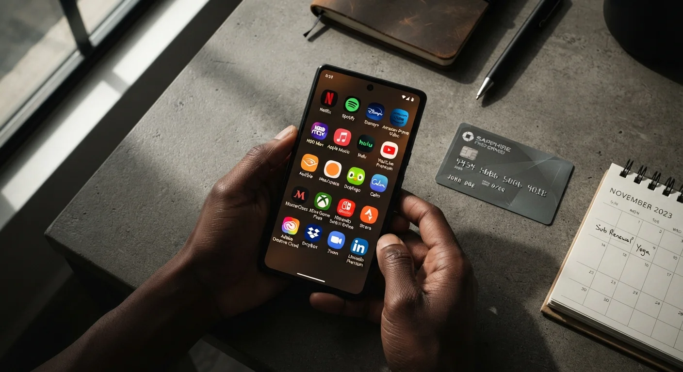 Smartphone screen showing multiple subscription app icons alongside a credit card and calendar