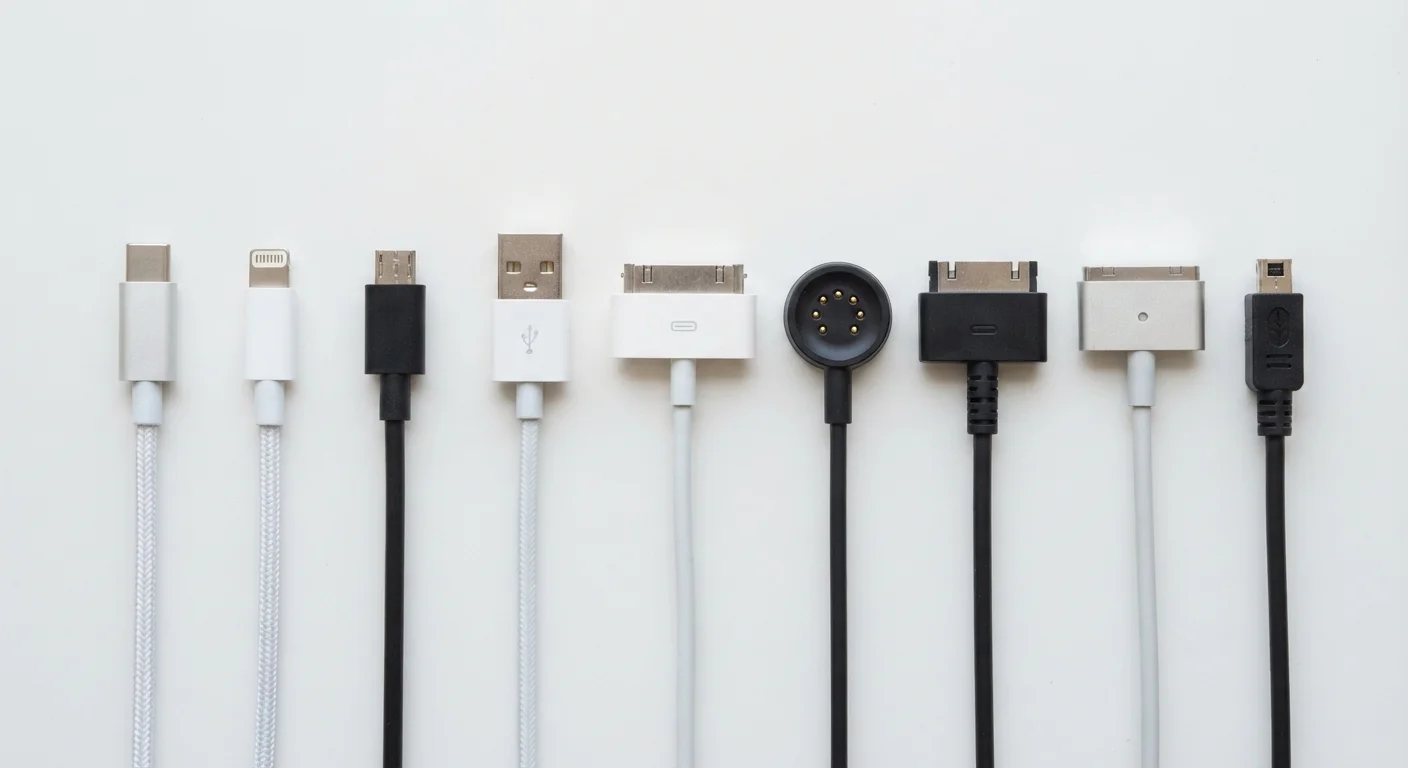 Multiple charging cable types including USB-C, Lightning, and proprietary connectors displayed side by side