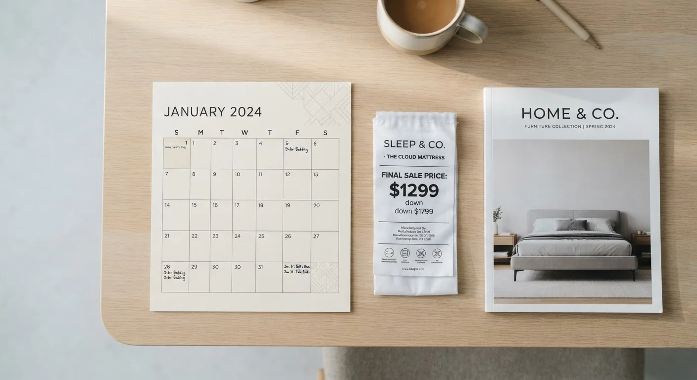 January calendar beside a mattress sale tag and furniture catalog representing winter sales events