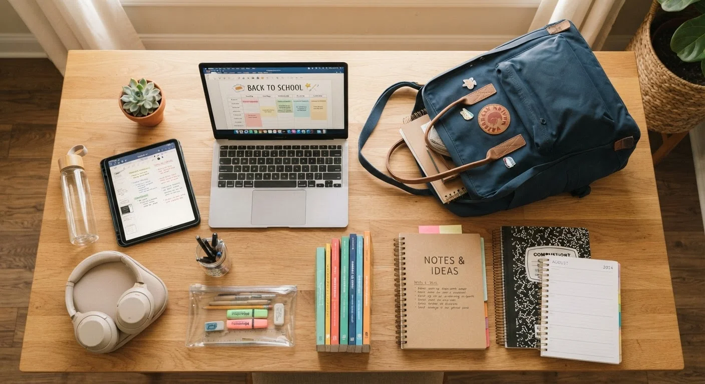 Laptop, tablet, and school supplies arranged on a desk for back-to-school shopping season