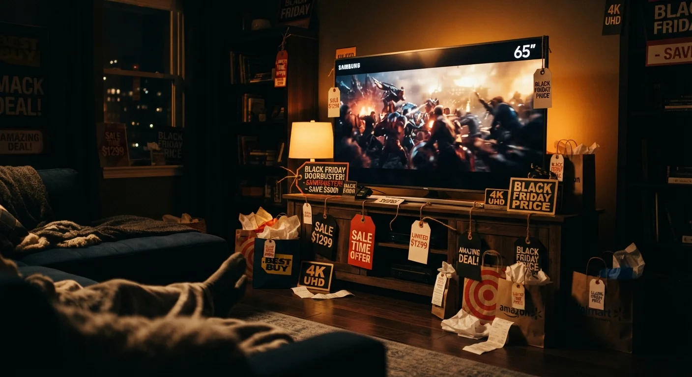 Flatscreen television surrounded by Black Friday sale tags in a living room setting