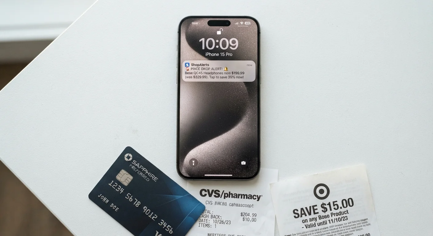 Smartphone showing a price alert notification alongside a credit card and cashback receipt