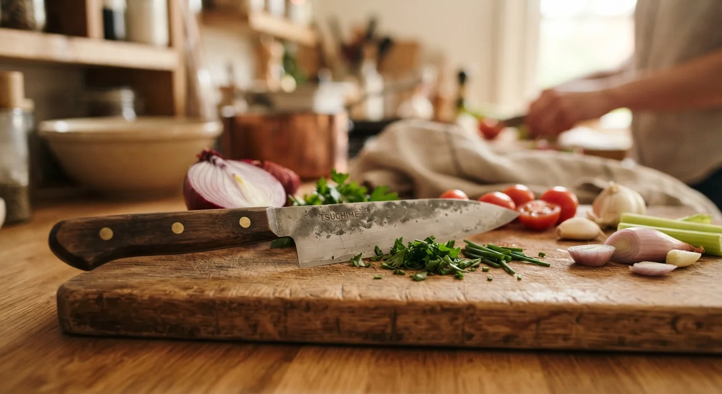 A sharp chef's knife resting on a wooden cutting board with fresh vegetables nearby