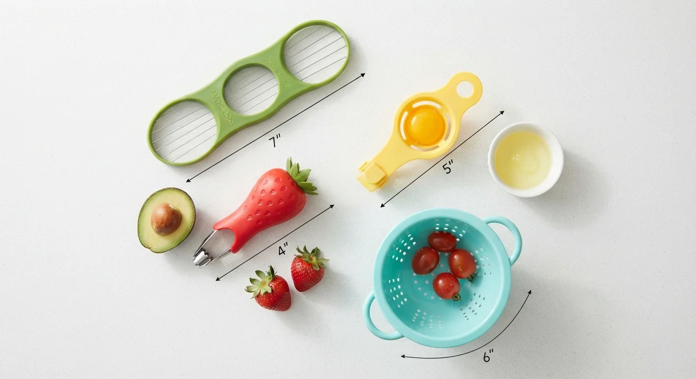 Collection of inexpensive single-use kitchen gadgets arranged on a white surface