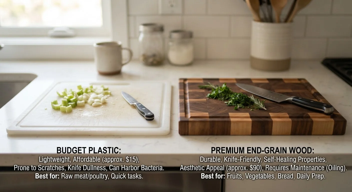 A budget plastic cutting board placed next to a premium wood end-grain cutting board for comparison