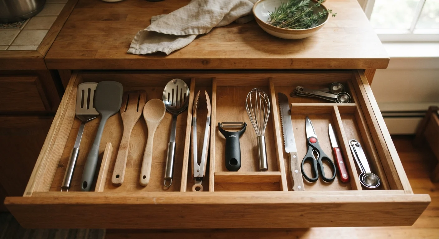 Overhead view of a kitchen drawer organized with essential cooking tools including spatulas and tongs