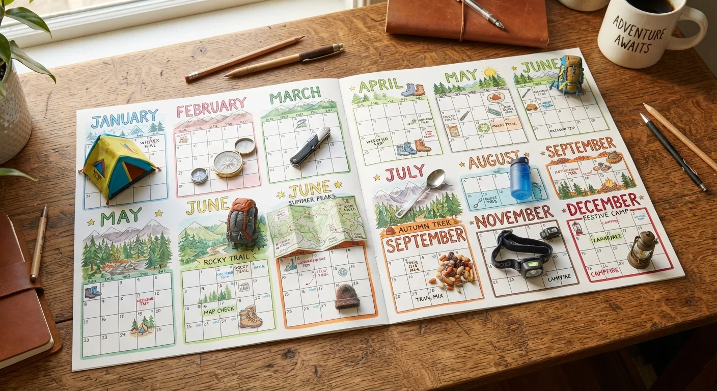 Illustrated monthly calendar with outdoor gear items marking key discount months throughout the year