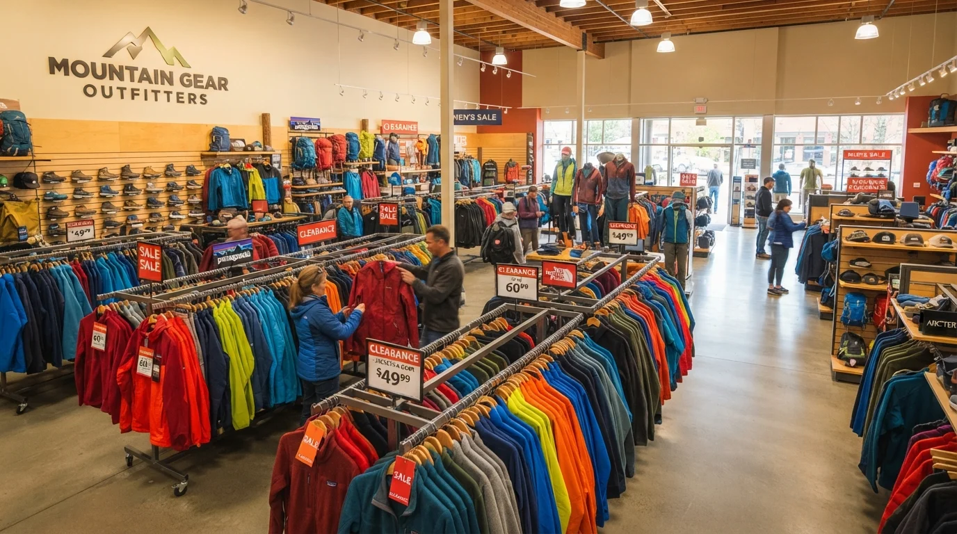 Colorful outdoor gear and jackets hanging on sale racks inside a well-lit retail store