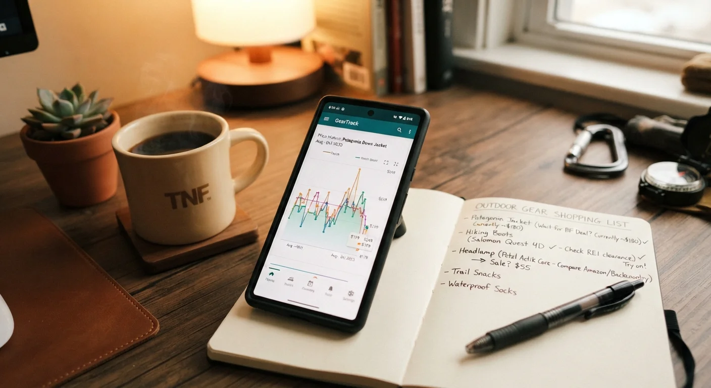 Smartphone showing a price history chart for outdoor gear next to handwritten shopping notes on a desk