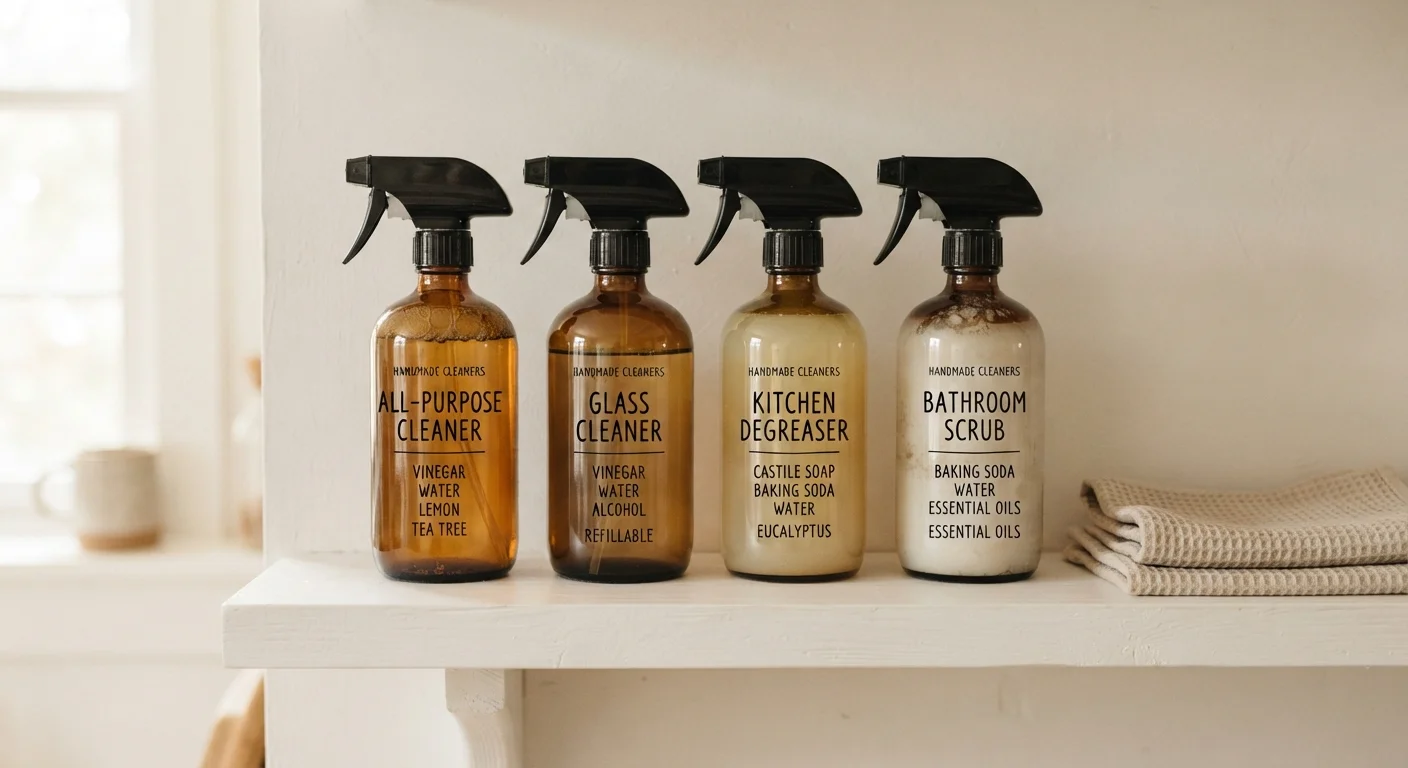 Labeled glass spray bottles of homemade cleaners arranged neatly on a white kitchen shelf