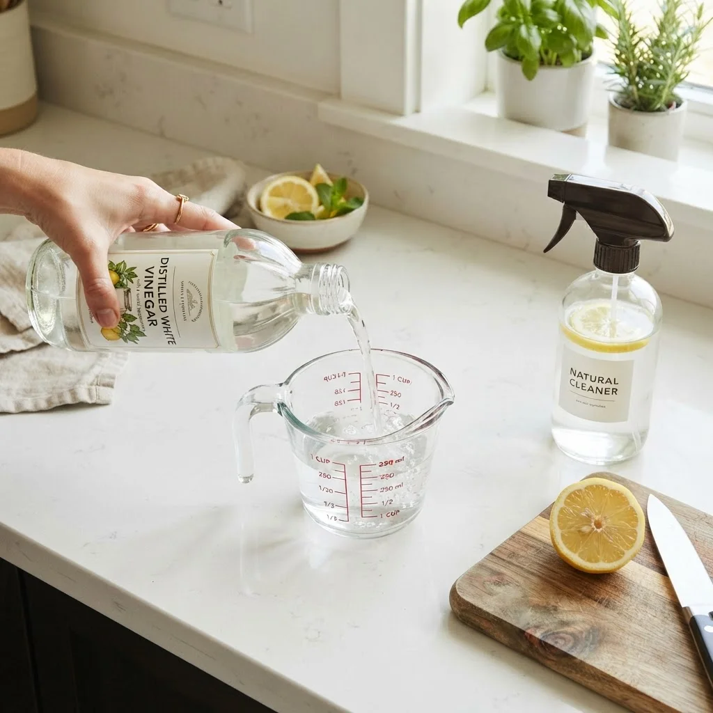 White vinegar being poured into a measuring cup next to a spray bottle and lemon on a kitchen counter