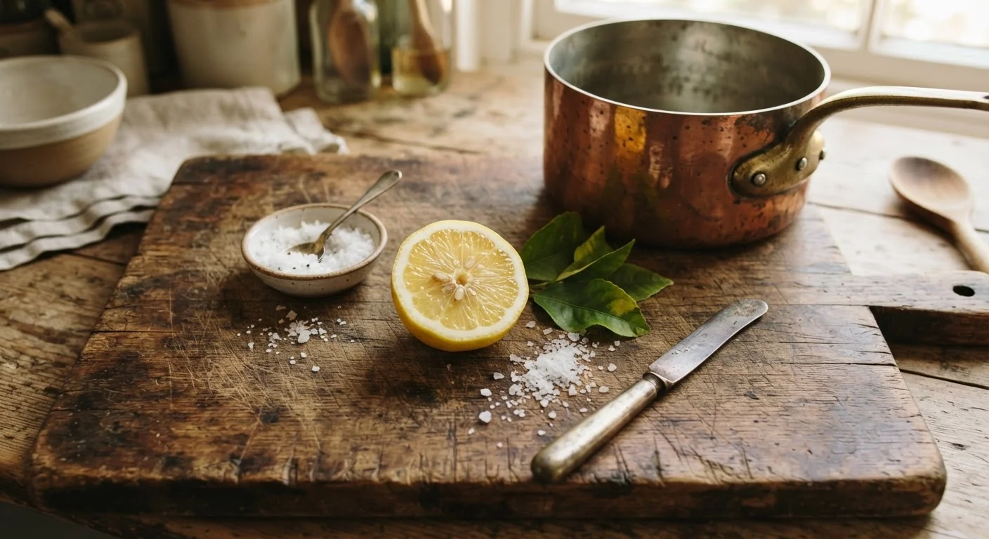 Halved lemon and coarse salt on a wooden cutting board next to a copper pot in a kitchen setting