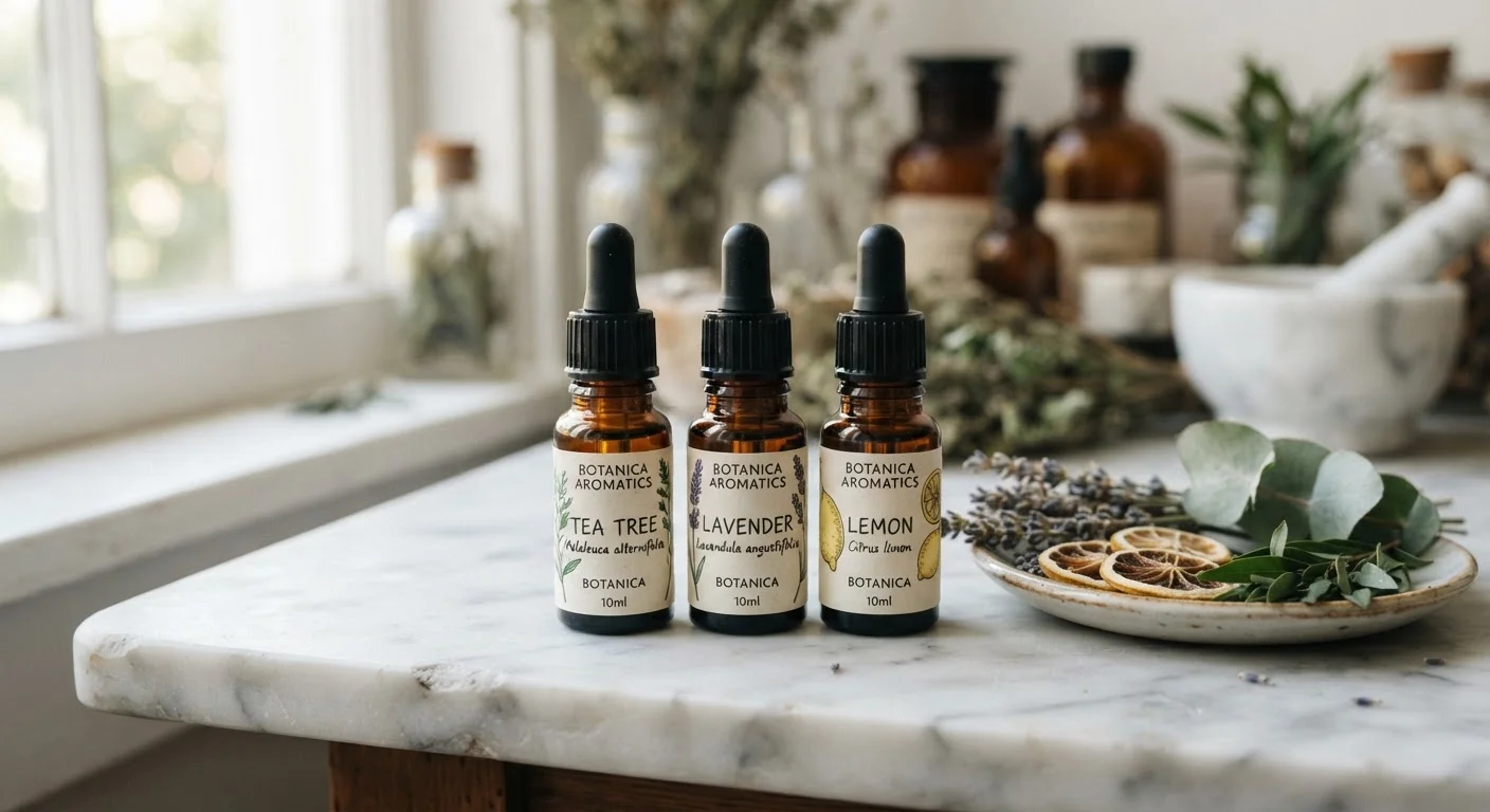 Small amber bottles of tea tree, lavender, and lemon essential oils arranged on a marble surface