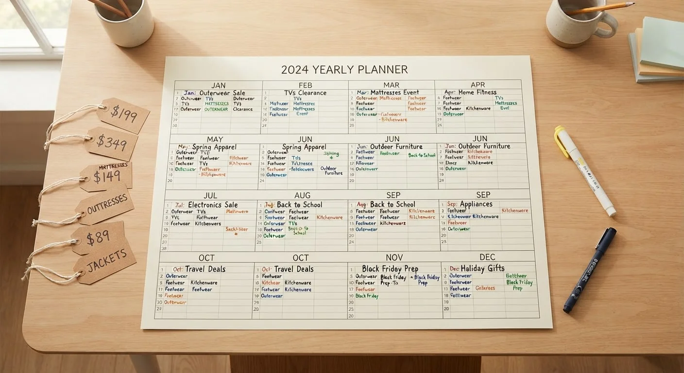 Twelve-month planner with product categories written in optimal buying windows with price tags