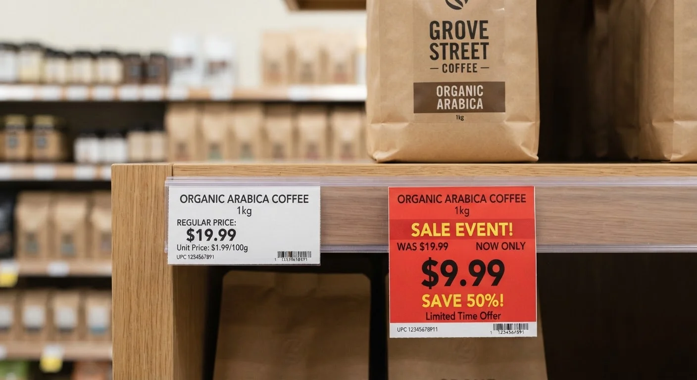 Two price tags on a retail shelf showing full price versus discounted price for the same item