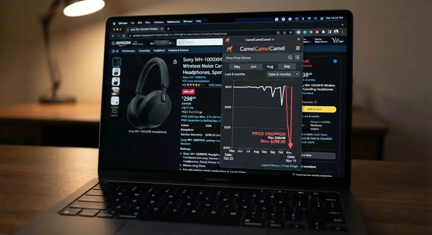 Laptop screen displaying a price history chart with a visible price drop spike over ninety days