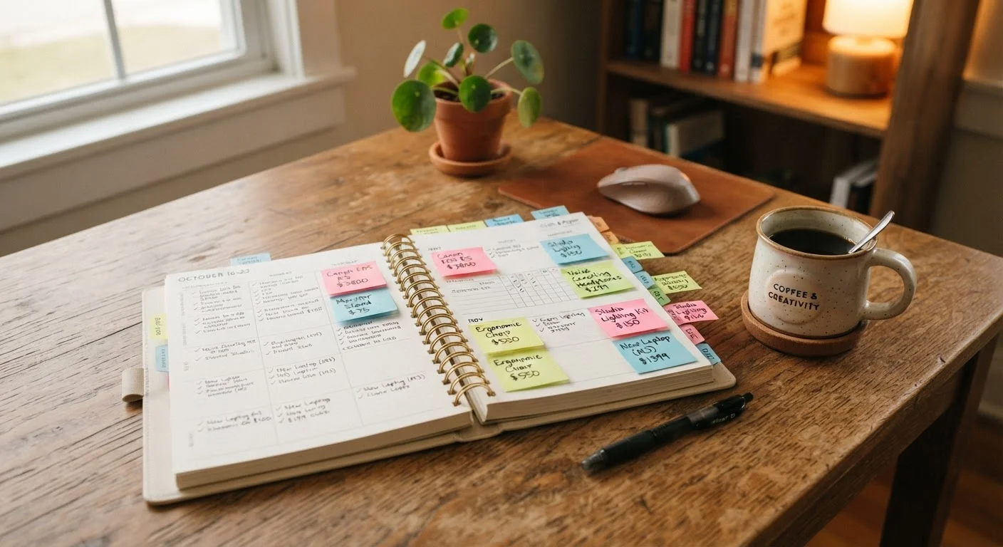 Open personal planner with color-coded monthly tabs and sticky notes listing products and target prices