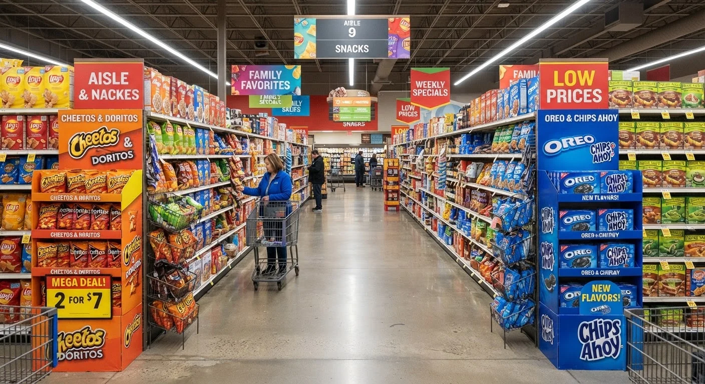Brightly lit grocery store aisle with colorful promotional end-cap displays and strategic product arrangements.