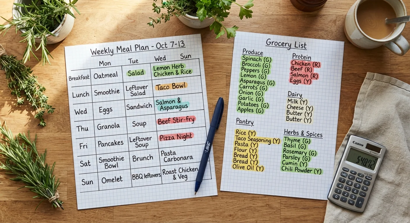 Handwritten weekly meal plan grid with a color-coded grocery list, fresh herbs, and a calculator arranged on a flat surface.