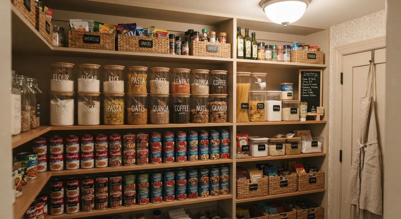 Neatly organized pantry shelves with labeled glass jars, stacked canned goods, and grouped dry staples in warm light.