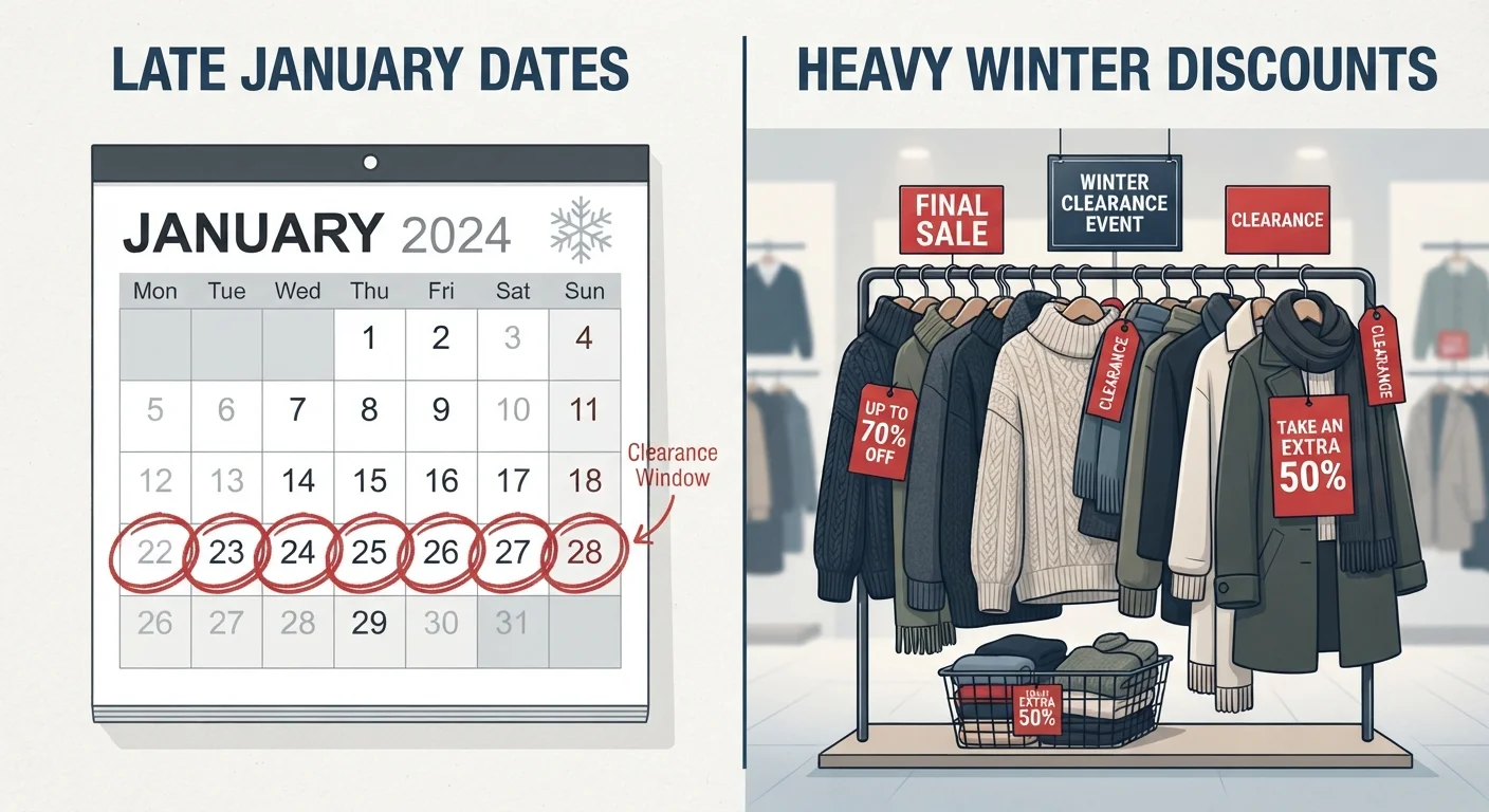 Calendar showing late January dates circled in red alongside a clearance clothing rack with discount price tags