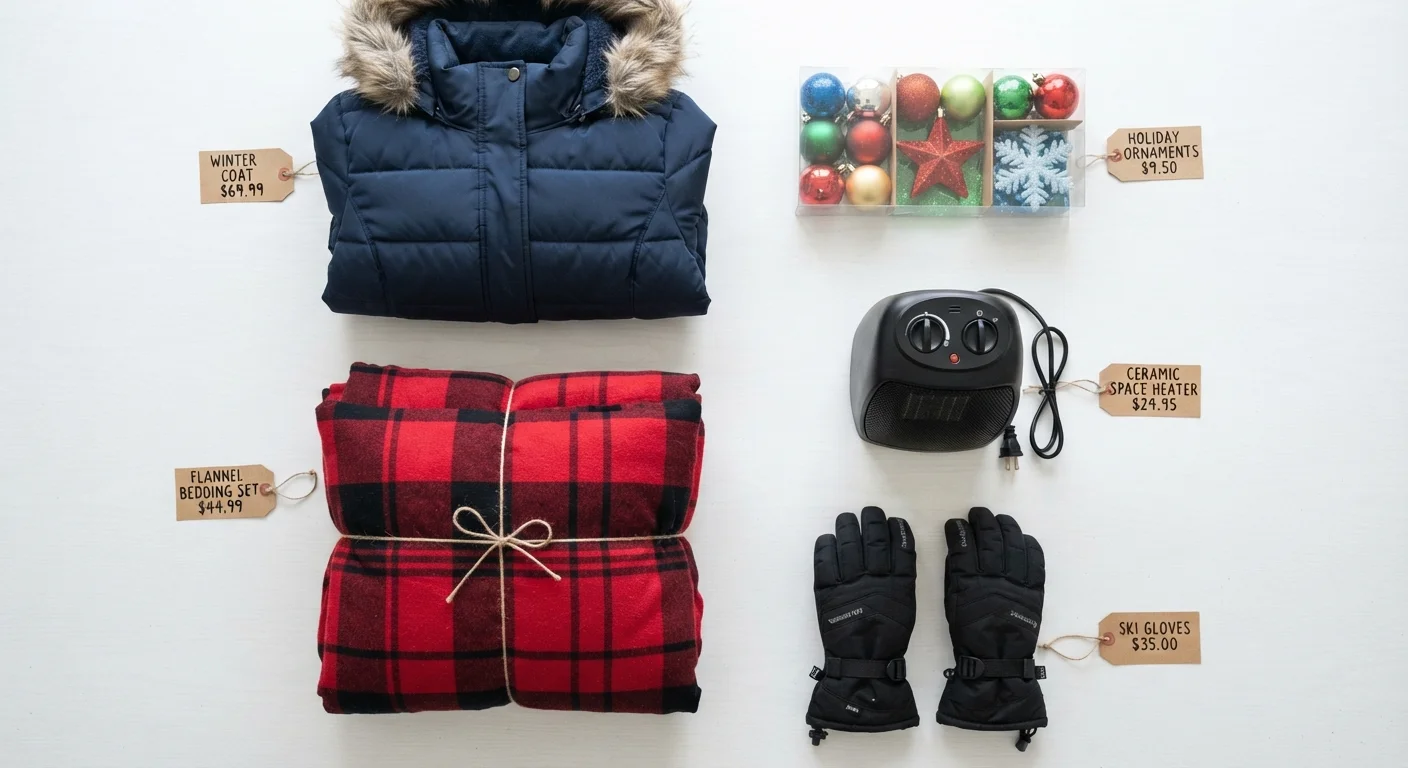 Flat lay of winter clearance items including a coat, holiday ornaments, bedding, space heater, and ski gloves with price tags