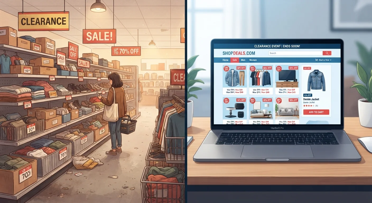 Side-by-side comparison of a physical store clearance aisle and an online retailer clearance sale page on a laptop