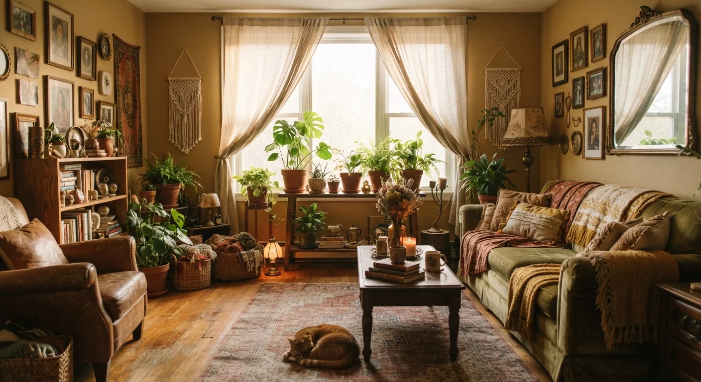 A warmly lit living room styled with an eclectic mix of vintage and thrifted home décor pieces
