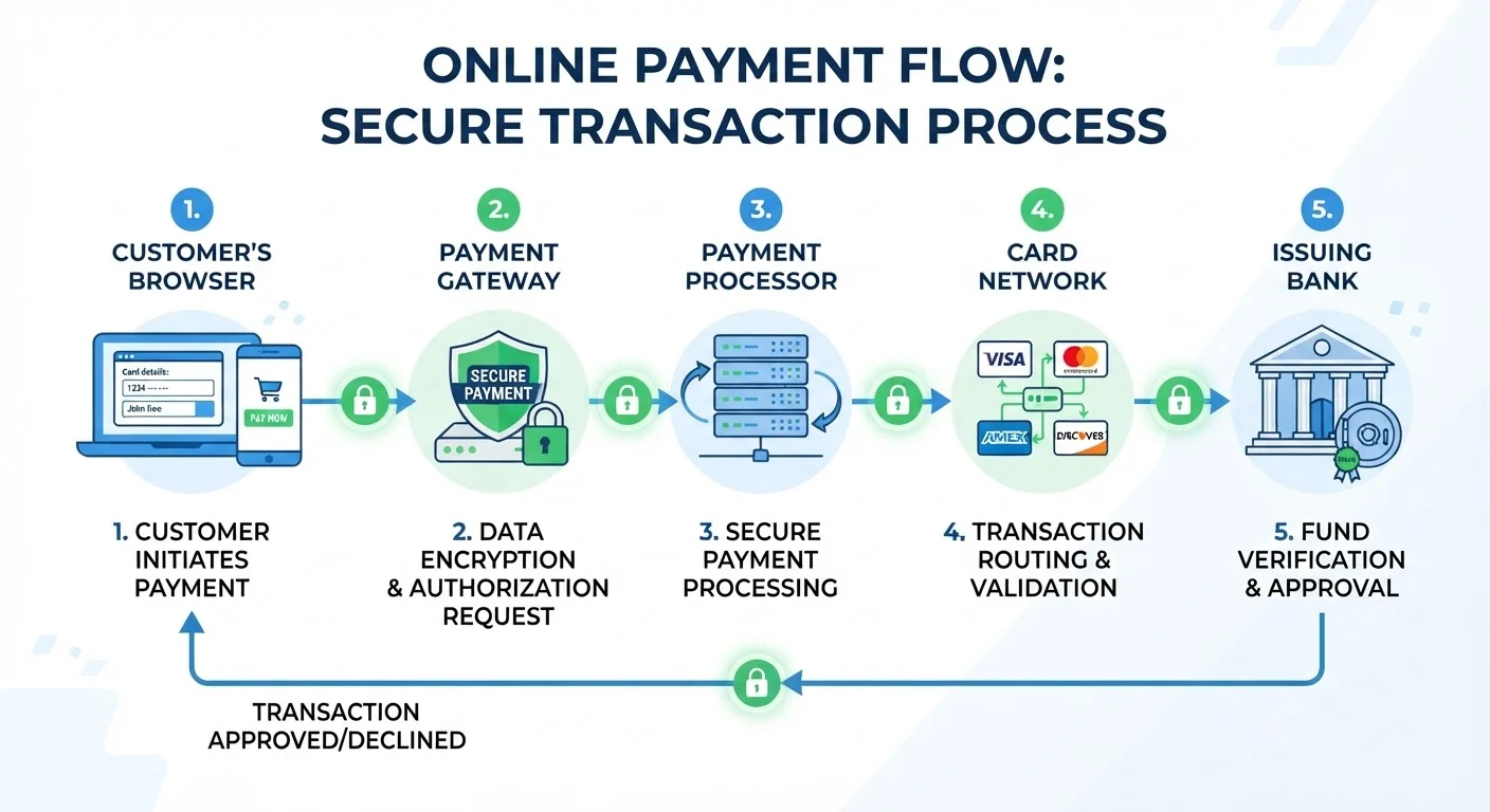 Diagram showing the step-by-step flow of an online payment from browser through gateway, processor, and card network to bank