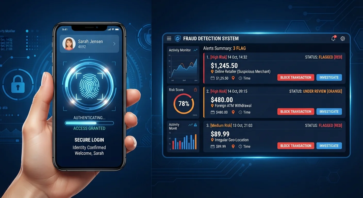 Split image of a phone showing biometric authentication and a fraud detection dashboard with flagged transactions