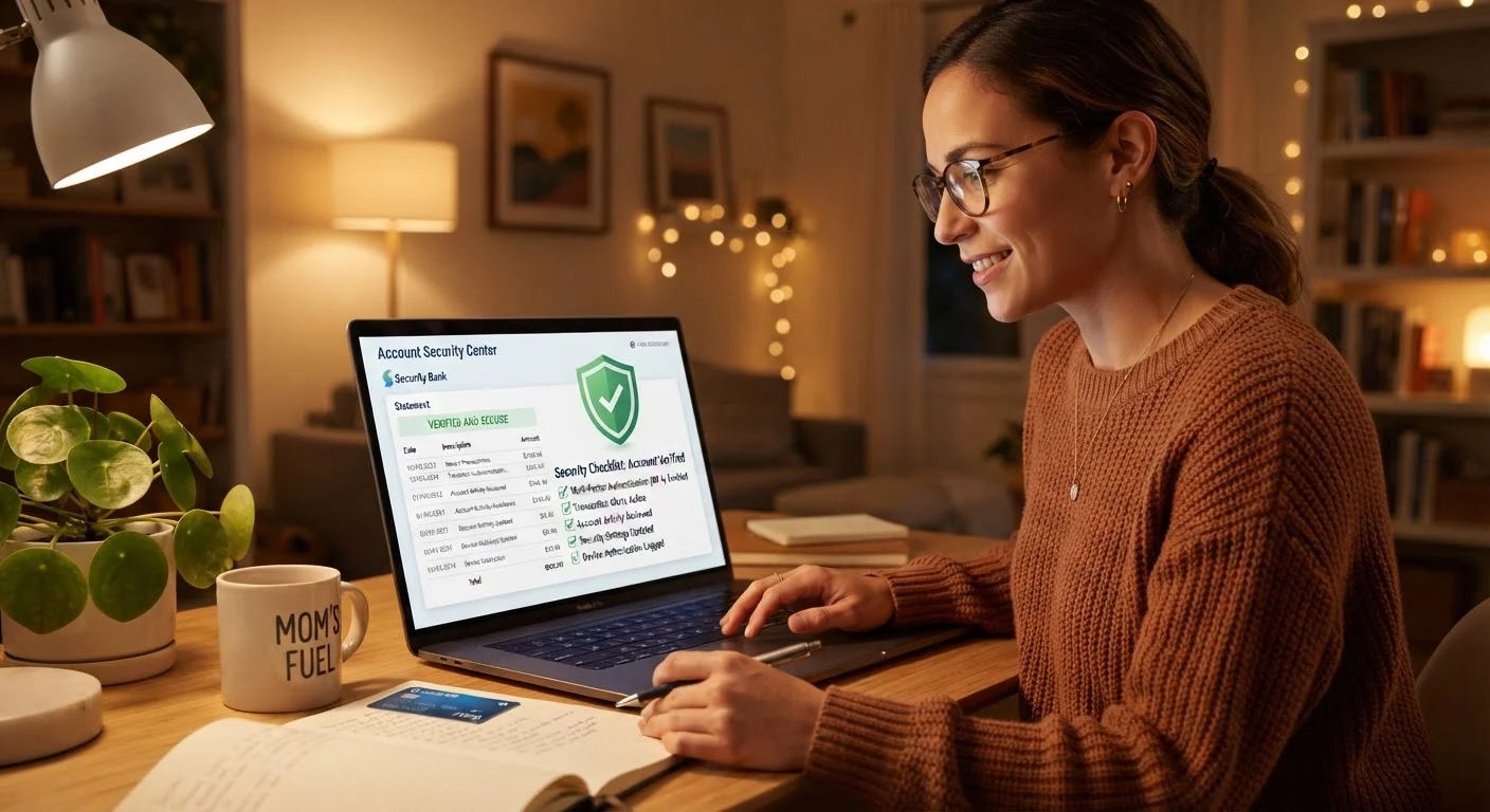 Person reviewing an online credit card statement on a laptop with security checklist visible on screen