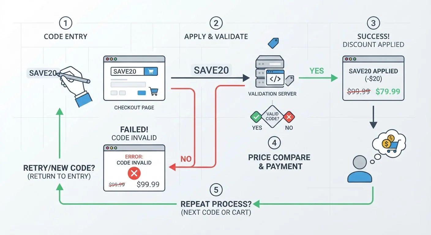 Flowchart showing the sequential coupon code testing loop used by browser extensions at checkout