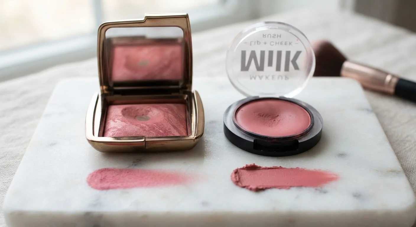 Two similar blush products in different packaging shown side by side with color swatches