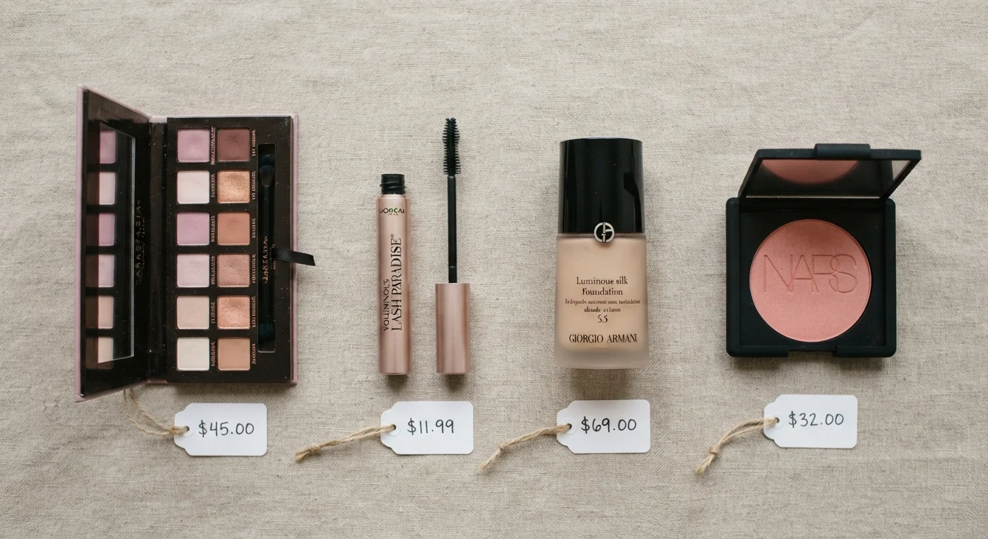 Makeup products from different categories arranged flat with visible price tags on beige background