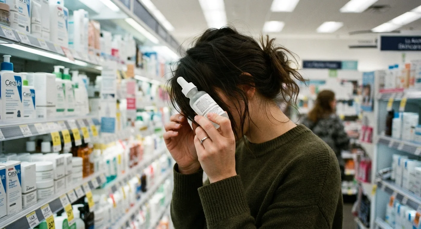 Person closely reading a cosmetic product ingredient label in a drugstore aisle