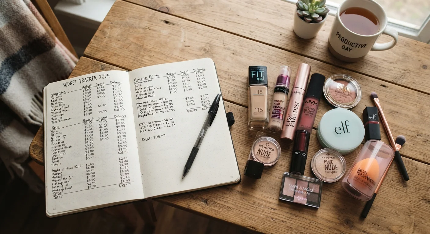 Budget notebook open beside drugstore makeup products on a wooden desk with warm lighting