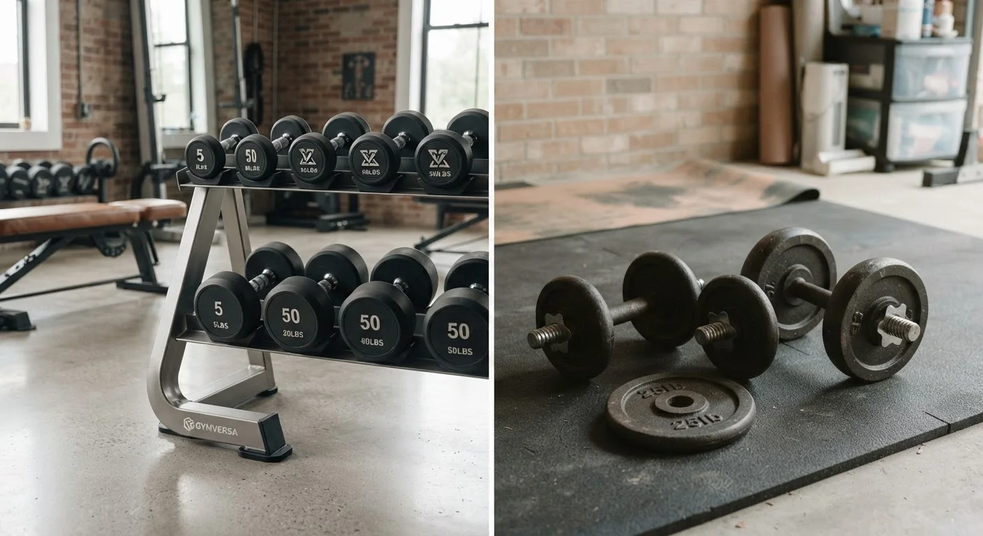 Side-by-side comparison of a premium branded dumbbell set and a budget dumbbell set on gym floors