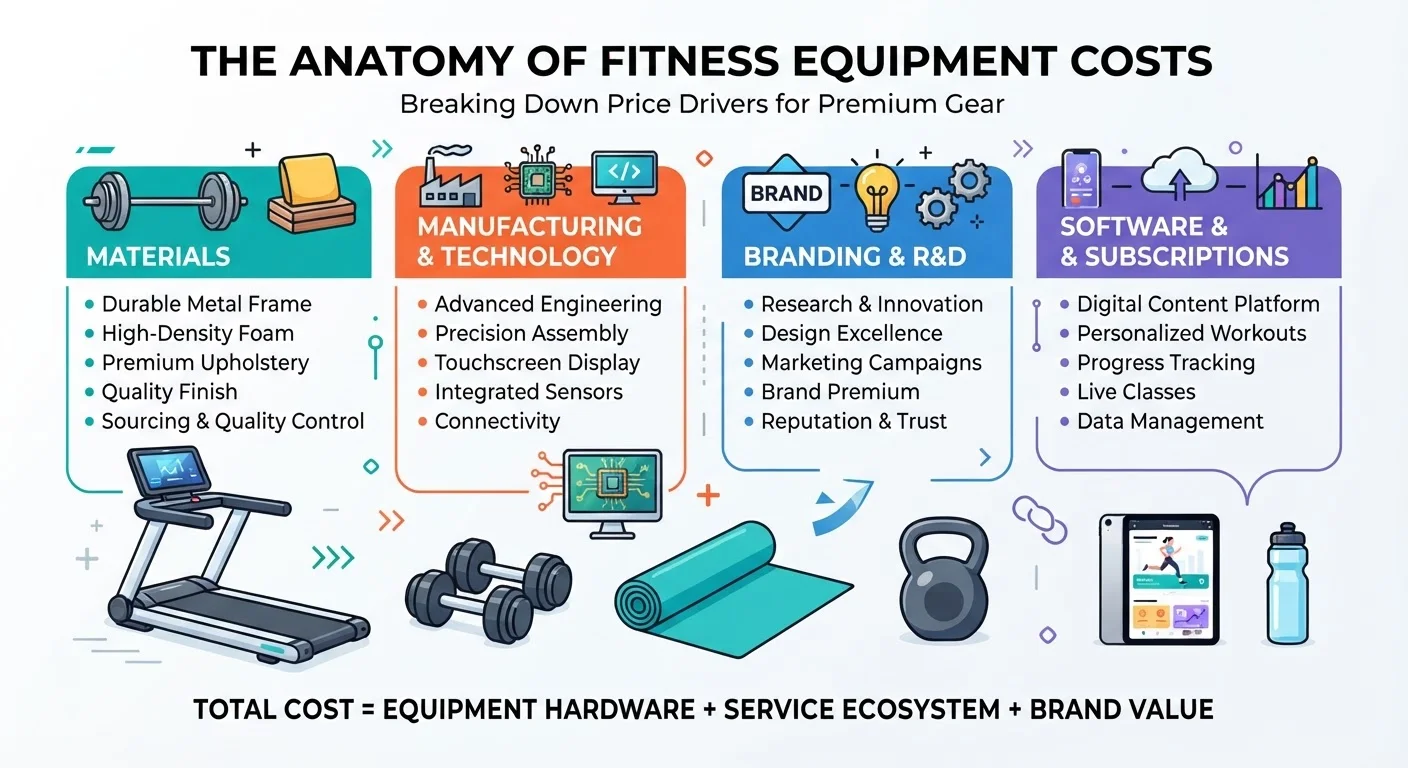 Visual breakdown of what drives up the cost of fitness equipment including materials and branding