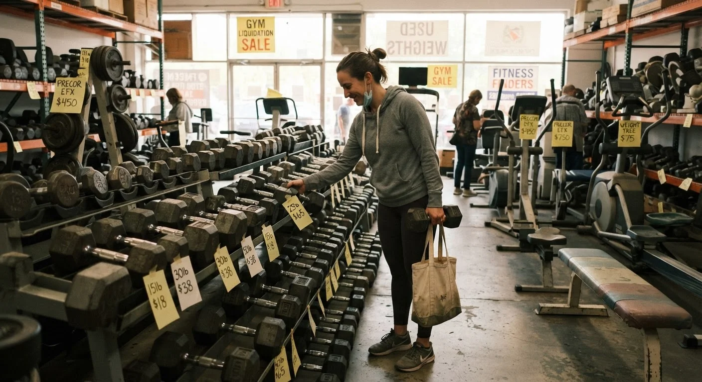 Person browsing fitness equipment at a secondhand sporting goods or gym liquidation sale