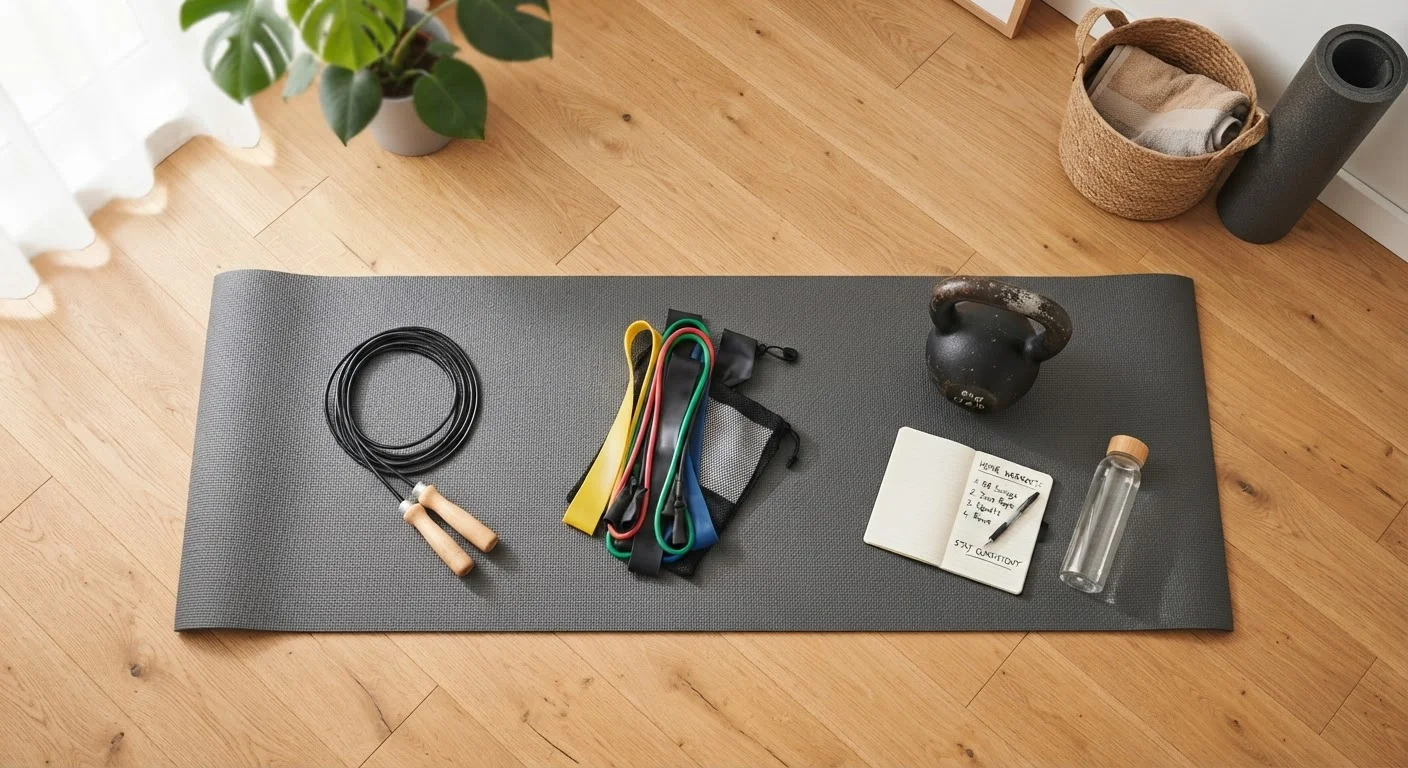Overhead view of a complete budget home gym setup including resistance bands, kettlebell, and yoga mat