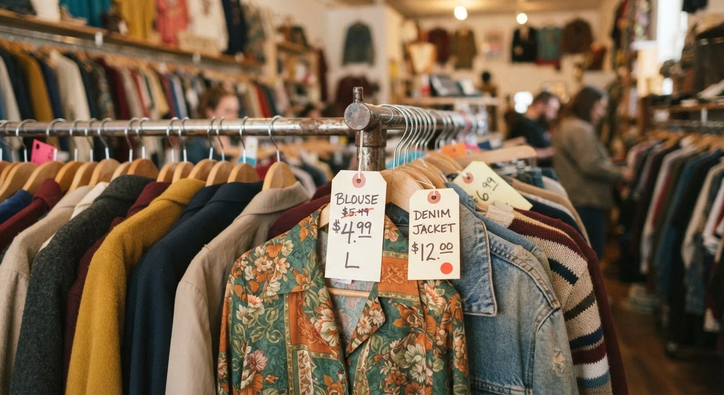 Colorful price tags hanging from secondhand garments on a thrift store clothing rack