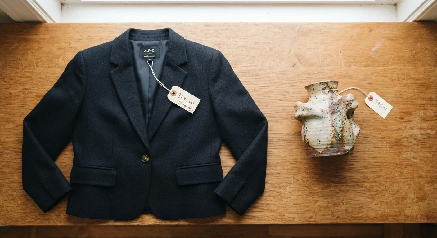 A designer blazer and vintage ceramic dish displayed side by side with thrift store price tags on a wooden surface