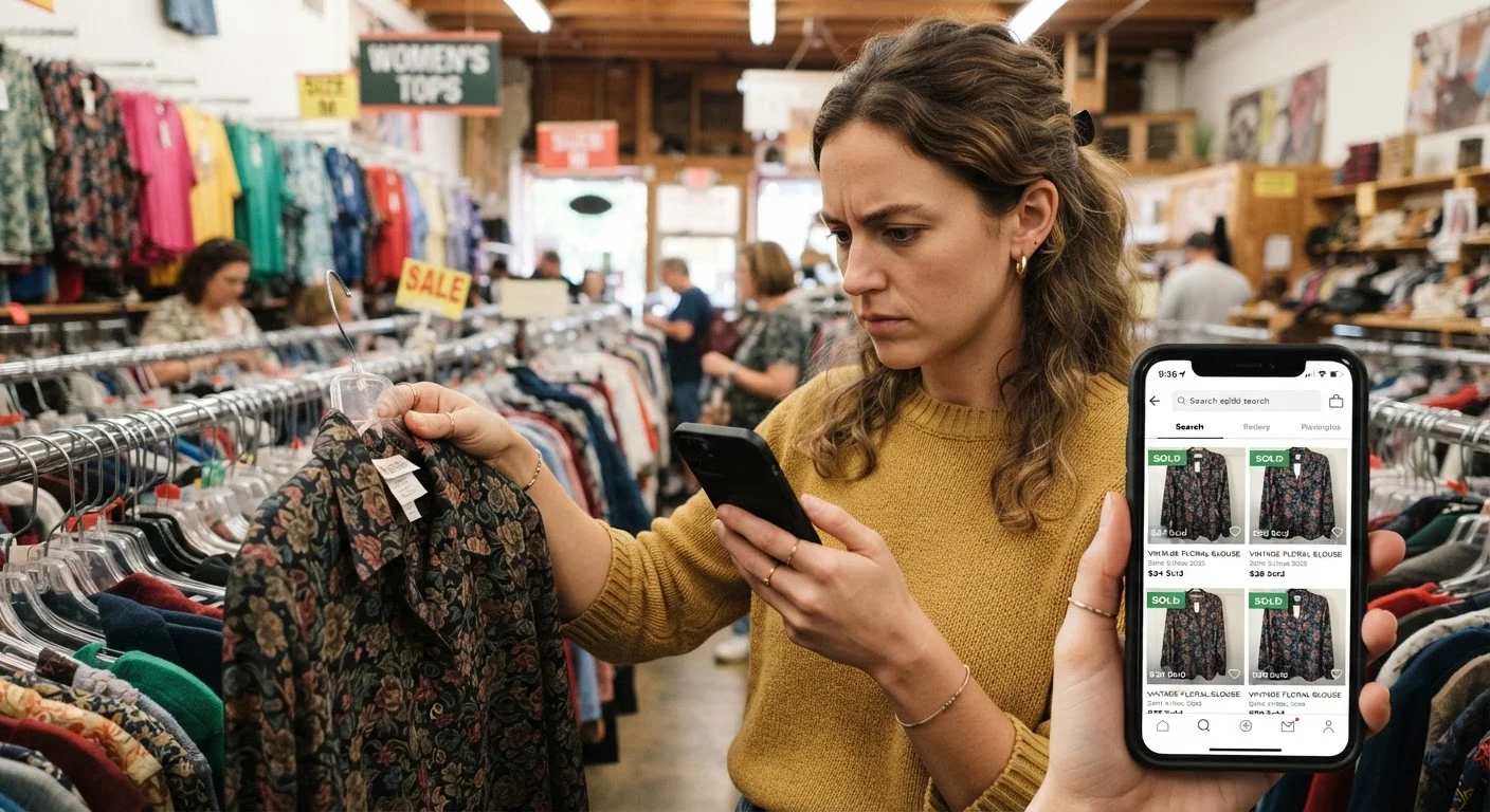 A thrift shopper comparing a secondhand item to resale app sold listings on a smartphone in a thrift store aisle