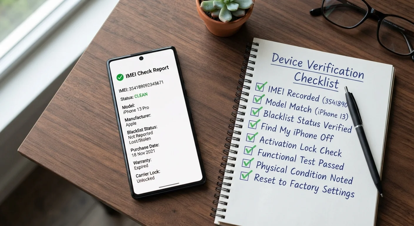 Smartphone screen showing IMEI verification results placed next to a written checklist on a desk
